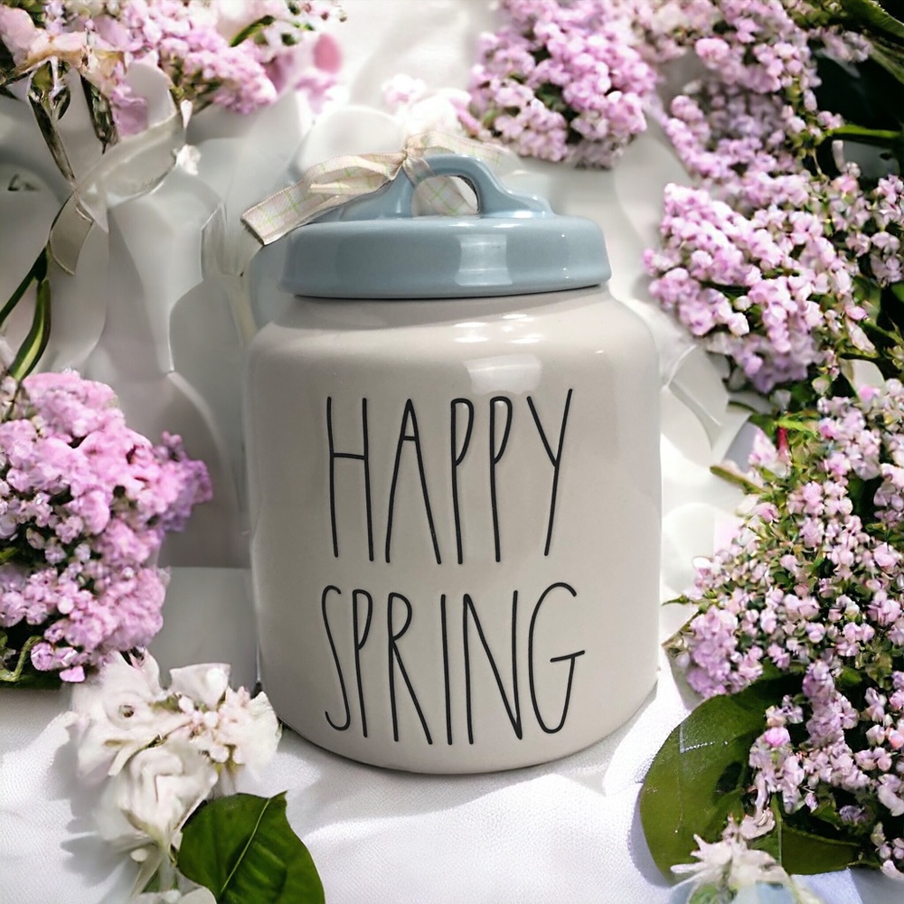 Rae Dunn Jar Happy Spring Lg Canister Ceramic White Blue Topper Farmhouse Vase